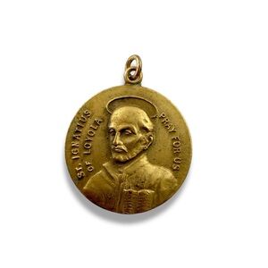 Vintage St. Ignatius of Loyola Brass Plated Round Pendant Medal Charm